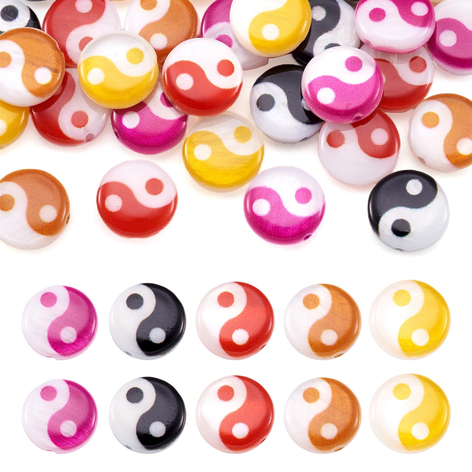 Spritewelry 30Pcs 8mm Yin Yang Beads Natural Freshwater Shell Tai Chi Beads Flat Round Yin Yang Beads Spacer Disc Beads for Necklace Bracelet Jewelry Making Handmade Accessories 5 Color