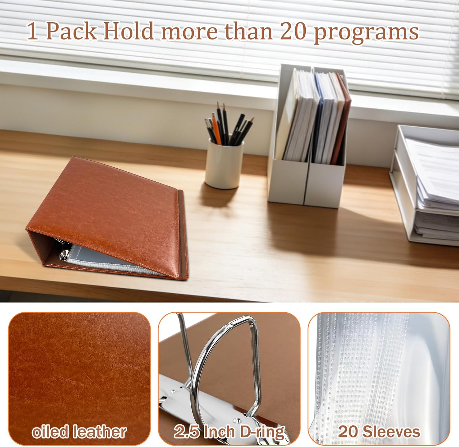 2 Pack 4 Inch Theater Program Binder, PU Leather 4" Wide Playbill Holder, 40 Pages D‑Ring Album for Broadway Musical Memorabilia Storage Organizer (Brown)