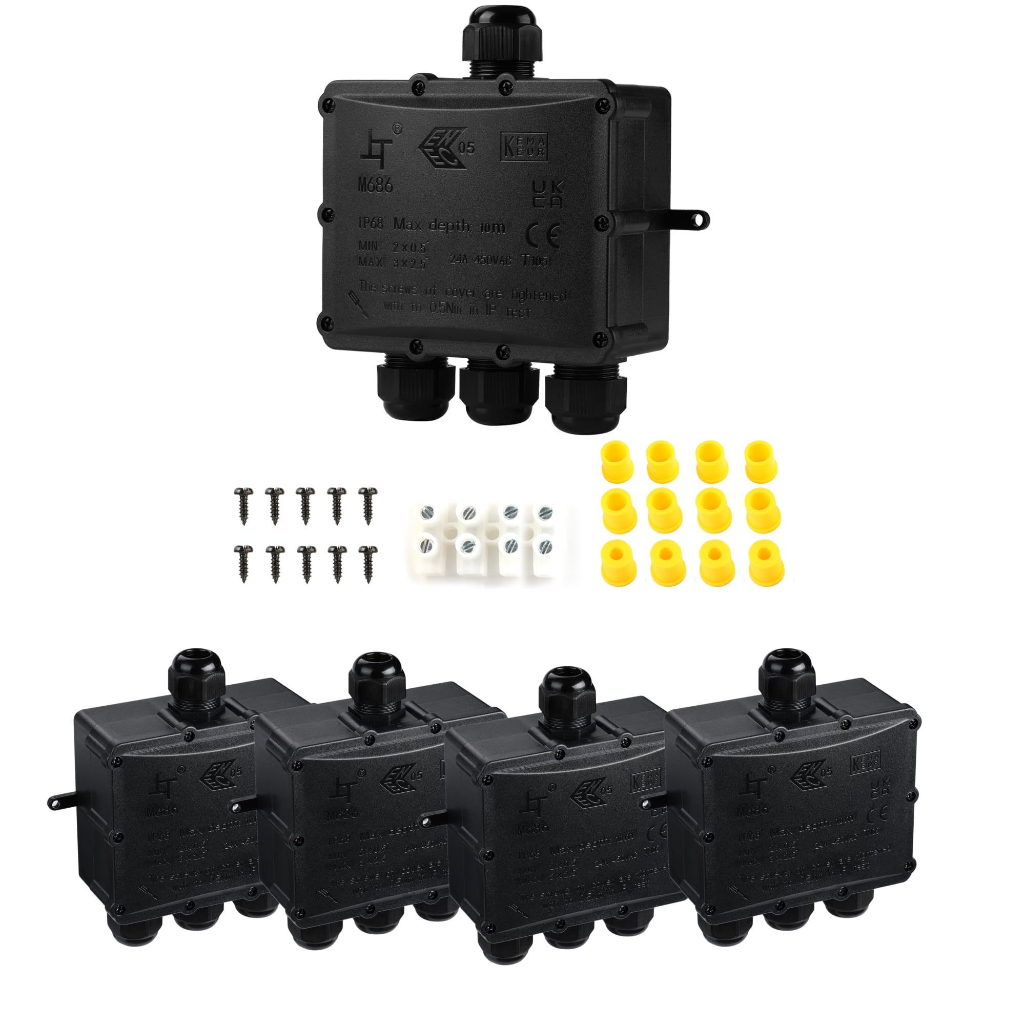 Tynoscco IP68 Waterproof Junction Box Outdoor,4-Way Electrical Splice Box Outdoor with 4 Cable M25 Gland Wire Connector Extension Electrical Cable Protector for Diameter Cable Ø4-14mm Black