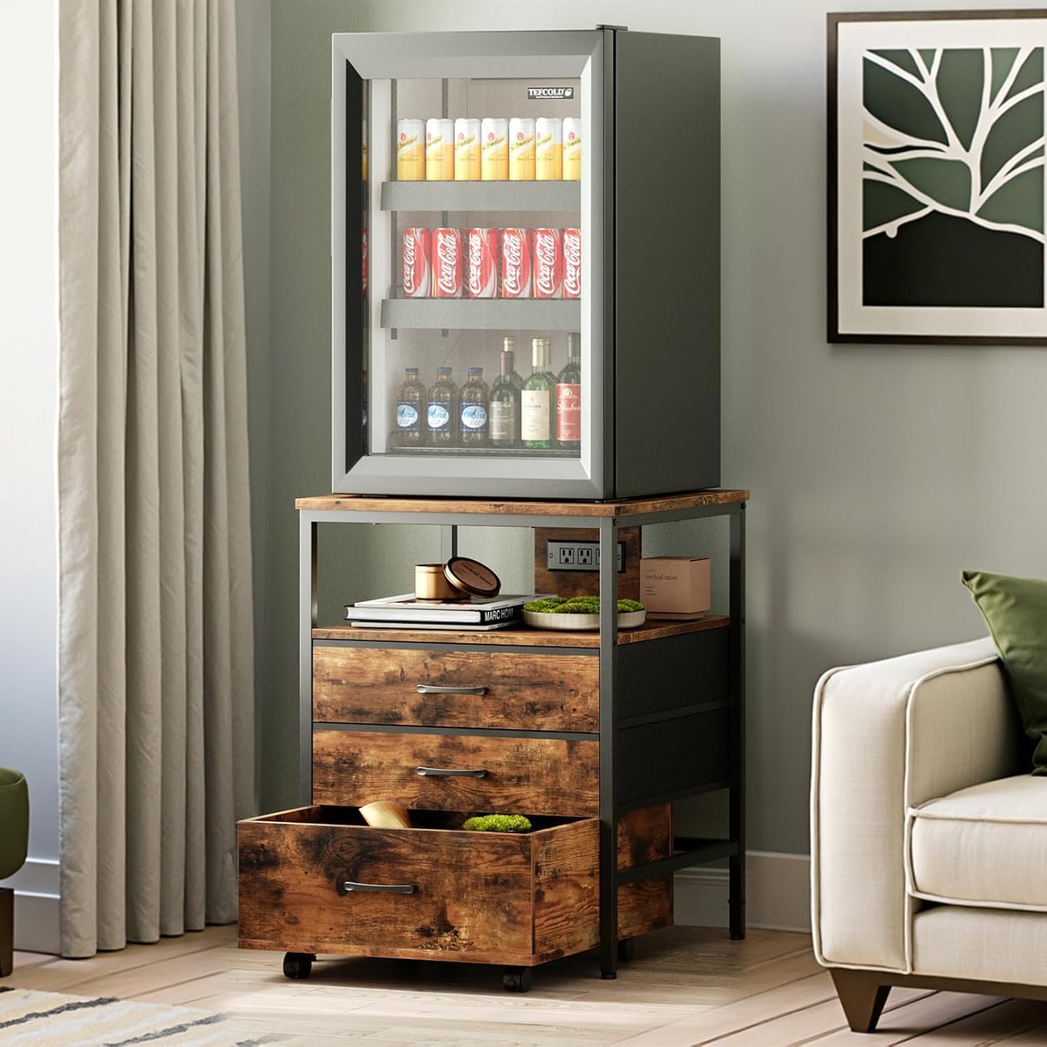 Herture Mini Fridge Stand with Storage, Ergonomic 4-Tier Organizer Mini Fridge Table with Power Outlet and Rolling Cabinet, Heavy-Duty Refrigerator Stand for Home and Office, Rustic Brown HB02BXN