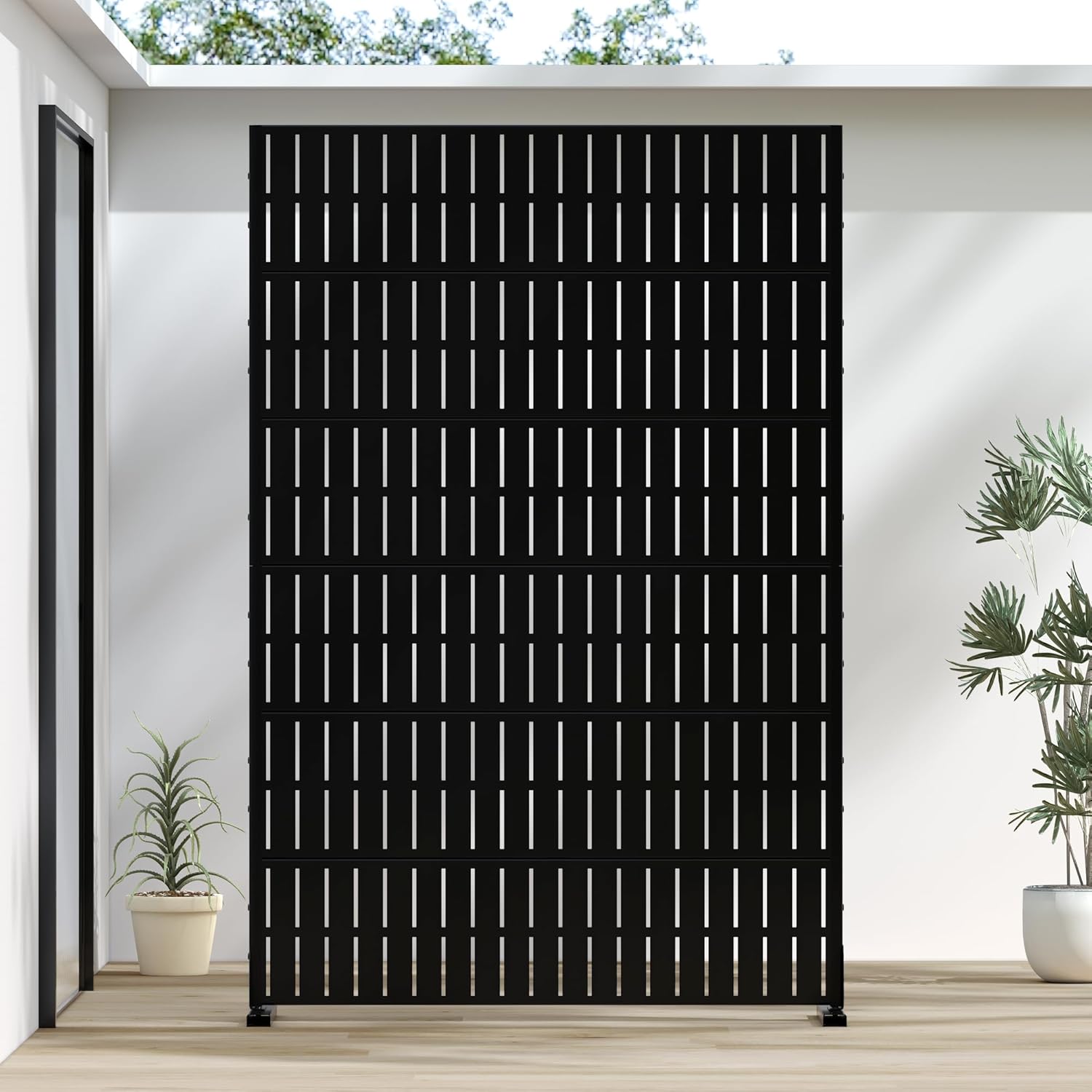 Casaphoria Metal Privacy Screen Outdoor, 72" H x 47" W Freestanding Decorative Privacy Screen for Patio Deck Balcony Garden with Stable Base, Black-Fence