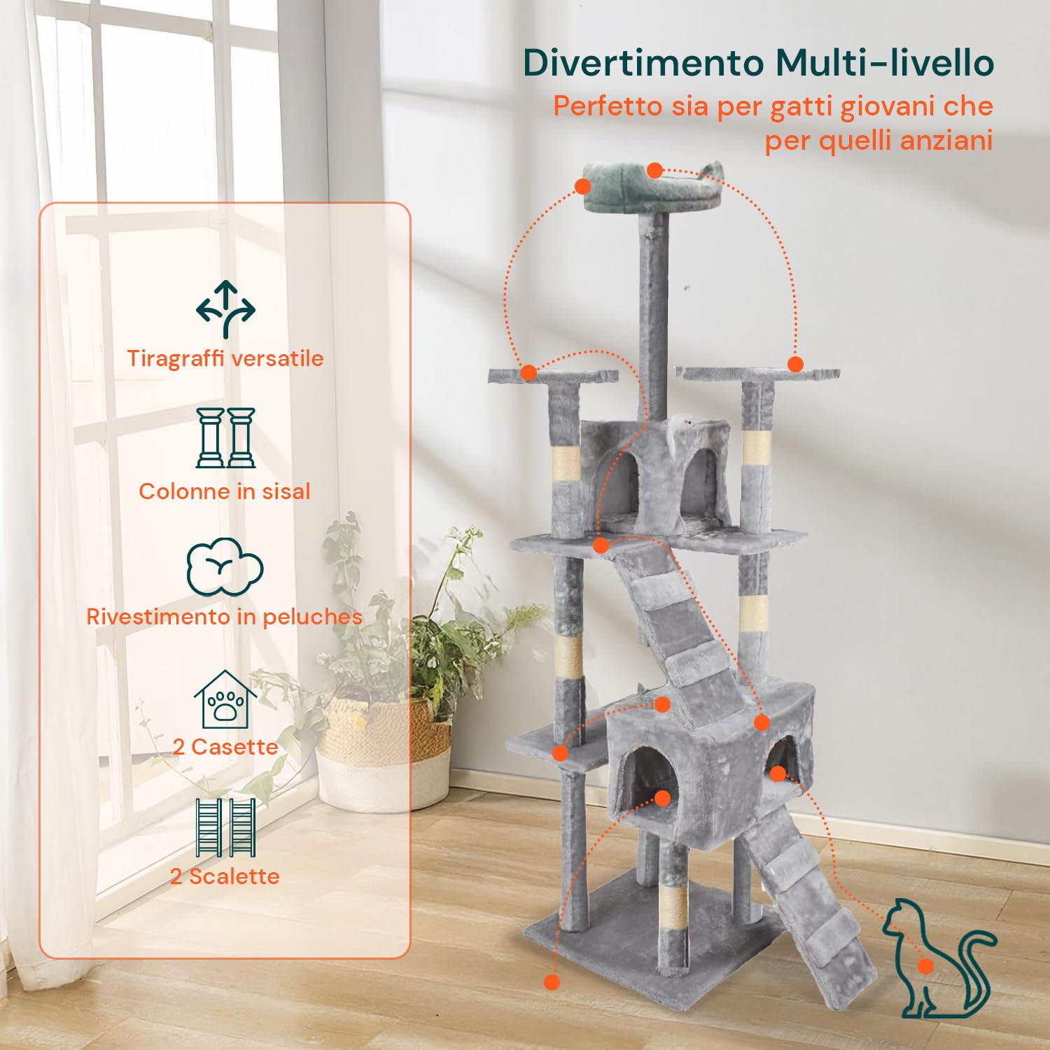 Tiragraffi XXL 170cm con Doppia Cuccia per Gatti Adulti, Albero Giochi in Sisal e Peluche, Piatteforme Relax, Ampio e Sicuro per il Massimo Divertimento dei Gatti Grigio