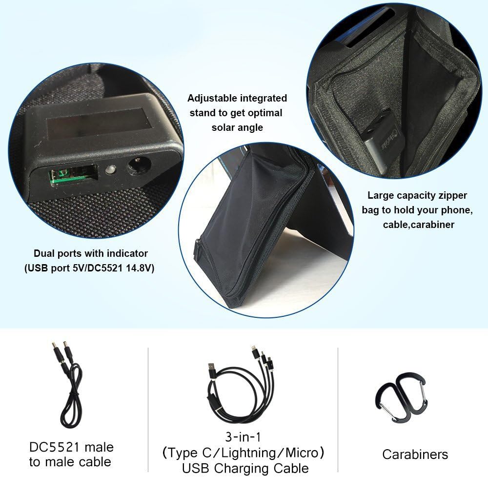 SUNLIT Solar Charger Foldable | 14W ETFE Technology | Auto-Restart | Water Resistant | Adjustable Integrated Stand | 5V USB Solar Panel for iPhone iPad Galax, Note, LG, Nexus, HTC [14W]