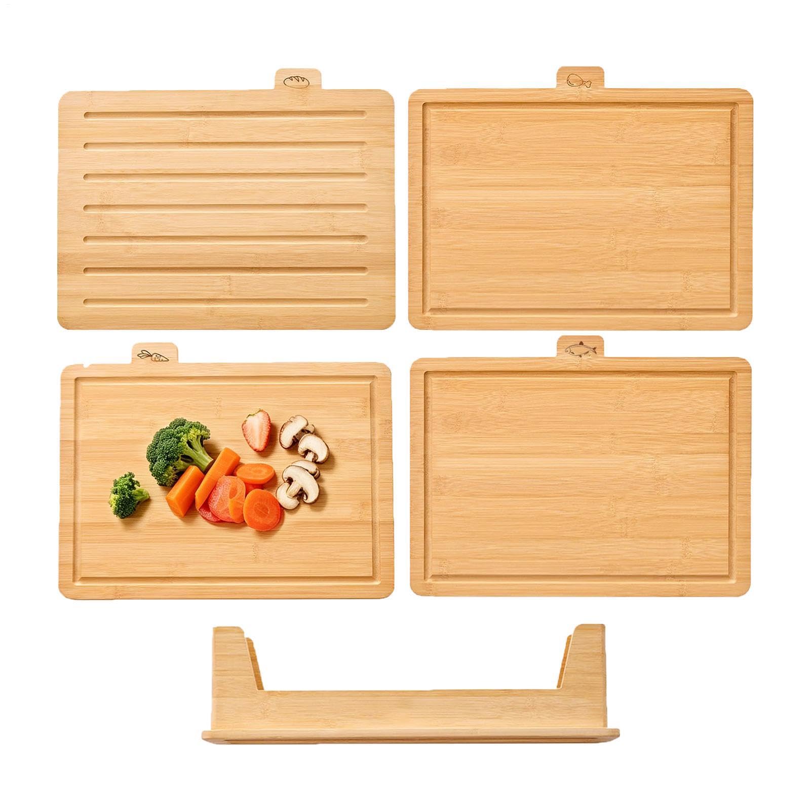 Set di taglieri in legno, 4 taglieri etichettati con base portaoggetti