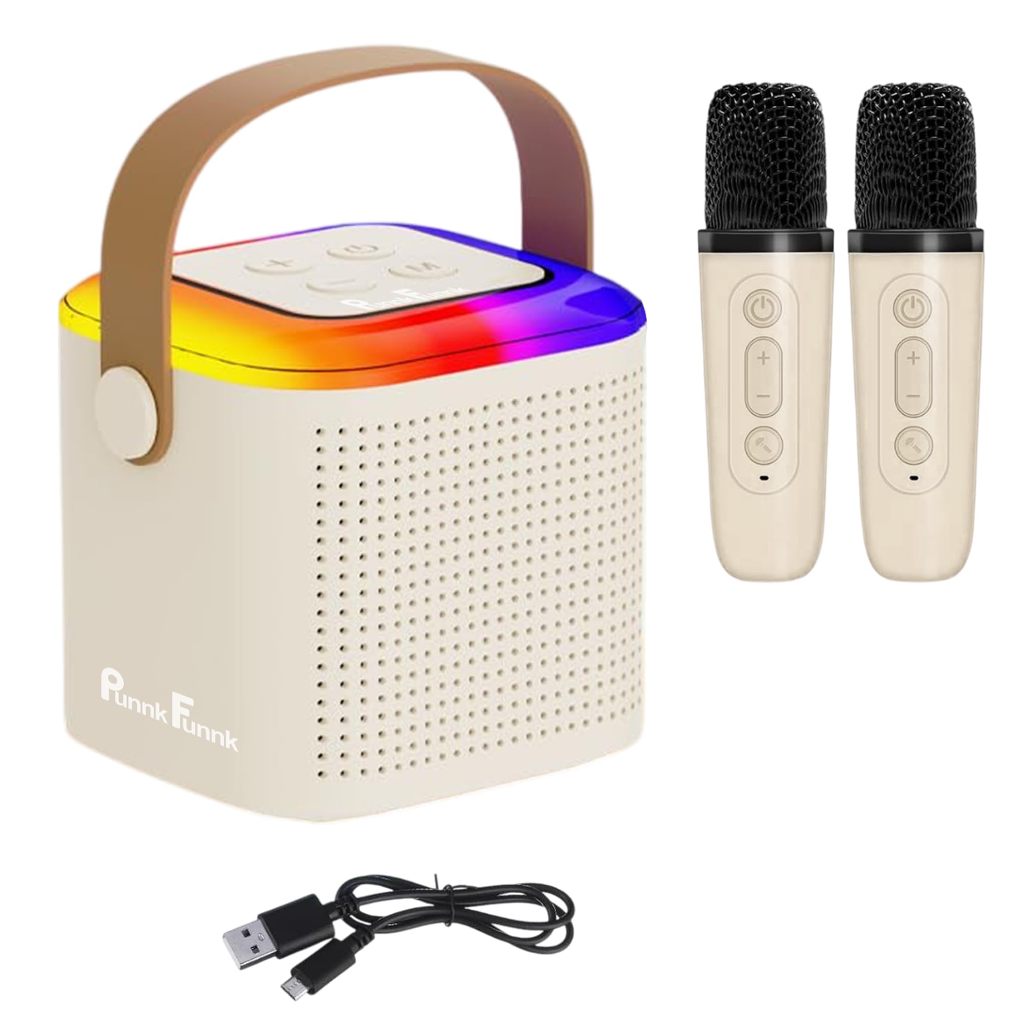 PunnkFunnk Kids Adults with Wireless Mics Portable Karaoke Bluetooth Speaker & Dynamic Lights Birthday Gift for Girls, Boys & Toddlers Ages 4,5,6,7,8,9,10,12+ Year Old Home Outdoor Travel (Beige)-picture-11