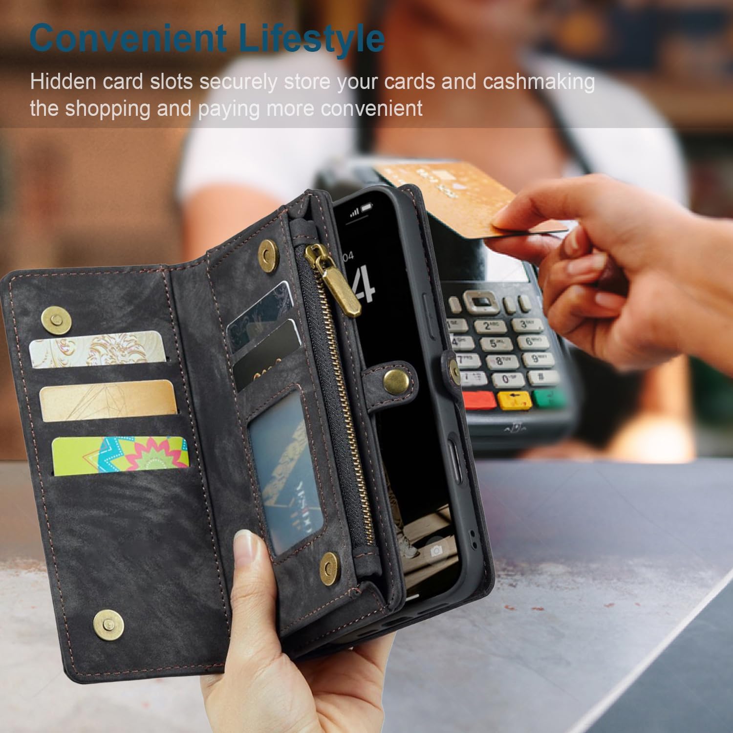 Compatible with iPhone 16 Pro Max Leather Wallet Case Detachable Magnetic Flip Leather Phone Cover with Zipper Pocket Card Holder ShockPro Maxof Detachable Wallet for Woman Man (Black)