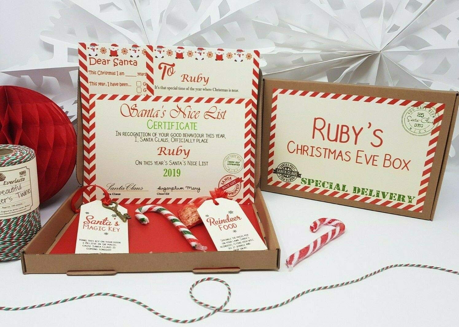 Treasured Forever D4 Red Stripe (With Xmas Eve Text) Christmas Eve Box Personalised A5 Size Santa Letter Magic Key & Reindeer Food (D4 Red Stripe (With Xmas Eve Text))