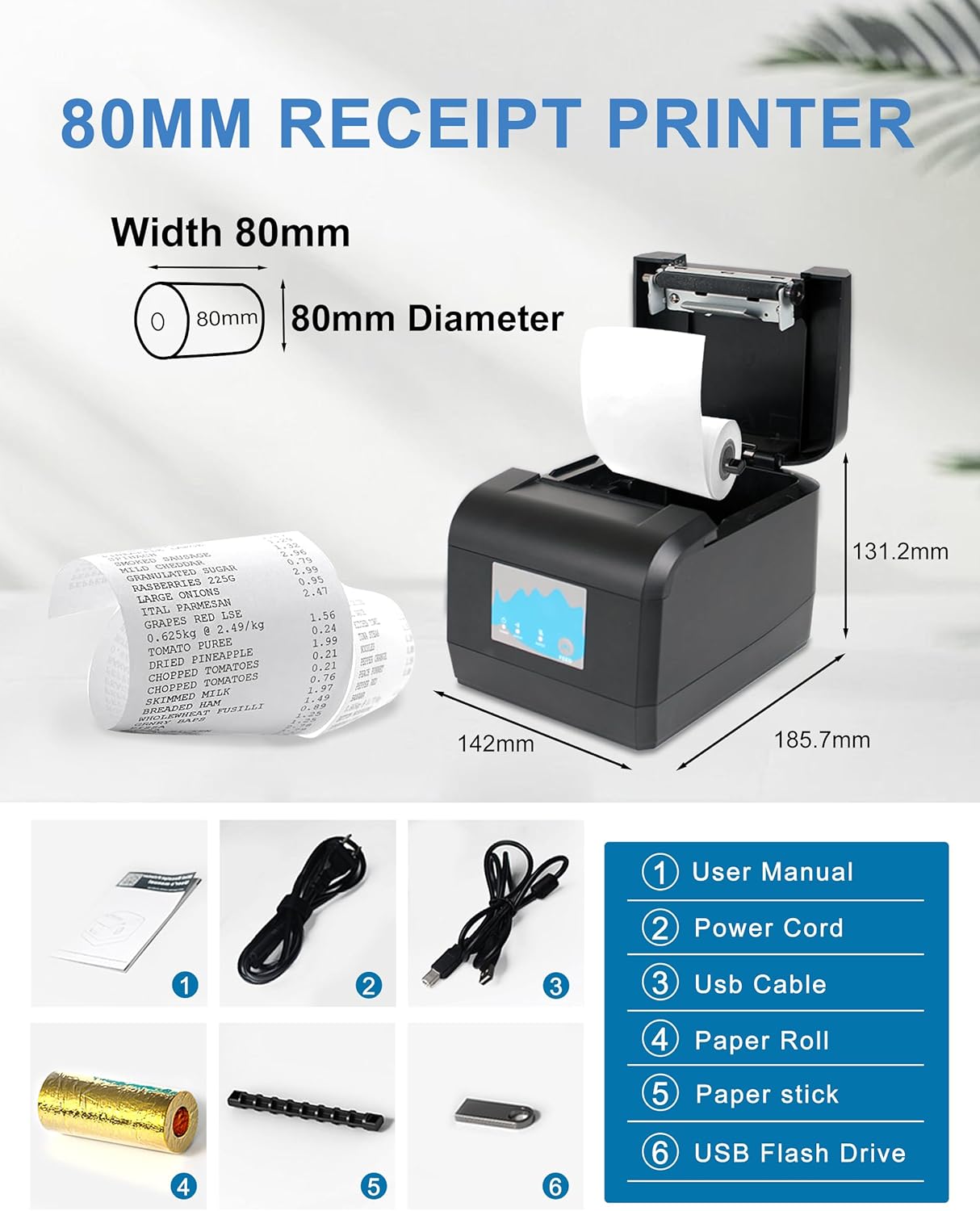 ZYWELL Thermal Receipt Printer, ZY908 Pos Printer 80mm with Auto Cutter Support Cash Drawer for Restaurant Kitchen,USB Ethernet Port Support Windows/Mac/Linux, No Square/Shopify(Black)
