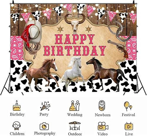 Miniatura 5 de Fondo de cumpleaños de vaquero occidental, fondo de rodeo con estampado de vaca para niños del salvaje oeste, suministros de fiesta de baby shower,