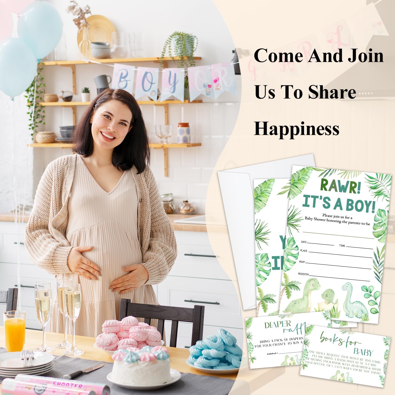 Set Of 25 Baby Shower Invitations Set, Dinosaur Baby Gender Reveal Party Invites for Boys, Invitation Cards With Envelopes Including Book Request Card & Diaper Raffle Tickets -013