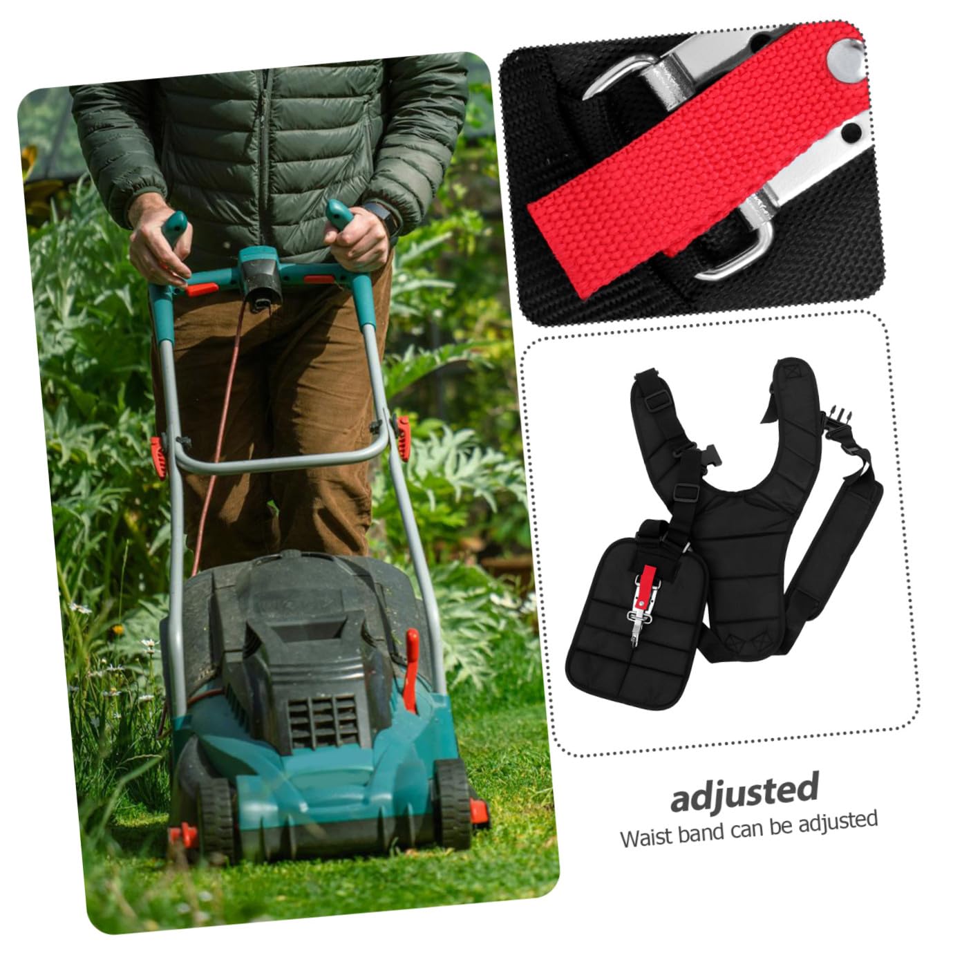 UKCOCO Arnés Acolchado para Desbrozadora Doble Hombro y Cinturón Ajustable de Nylon Negro, Diseño para Recorte de Césped Cómodo y Seguro