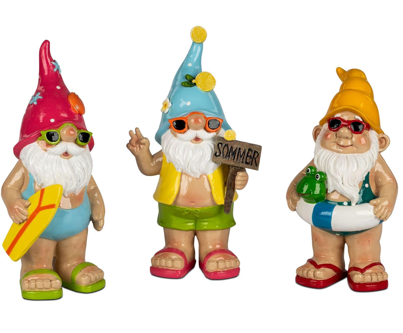 formano 3er Set Gartenzwerge lustige Gartendeko Figuren aus Kunststein handbemalt 24 cm Gartenfiguren mit glänzender Oberfläche für Garten Terrasse Balkon, dekorative Outdoor Zwerge