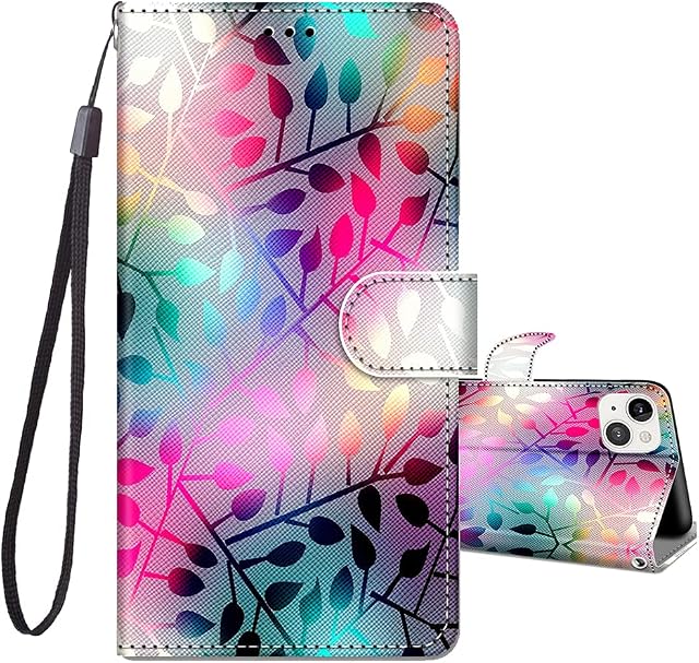JRIANY Case for iPhone 13 6.1-Inch, PU Leather Wallet Case with Card Holder Cute Pattern Animal Design Magnetic Shockproof Cover Flip Case Compatible with Apple iPhone 13 - Leaves H
