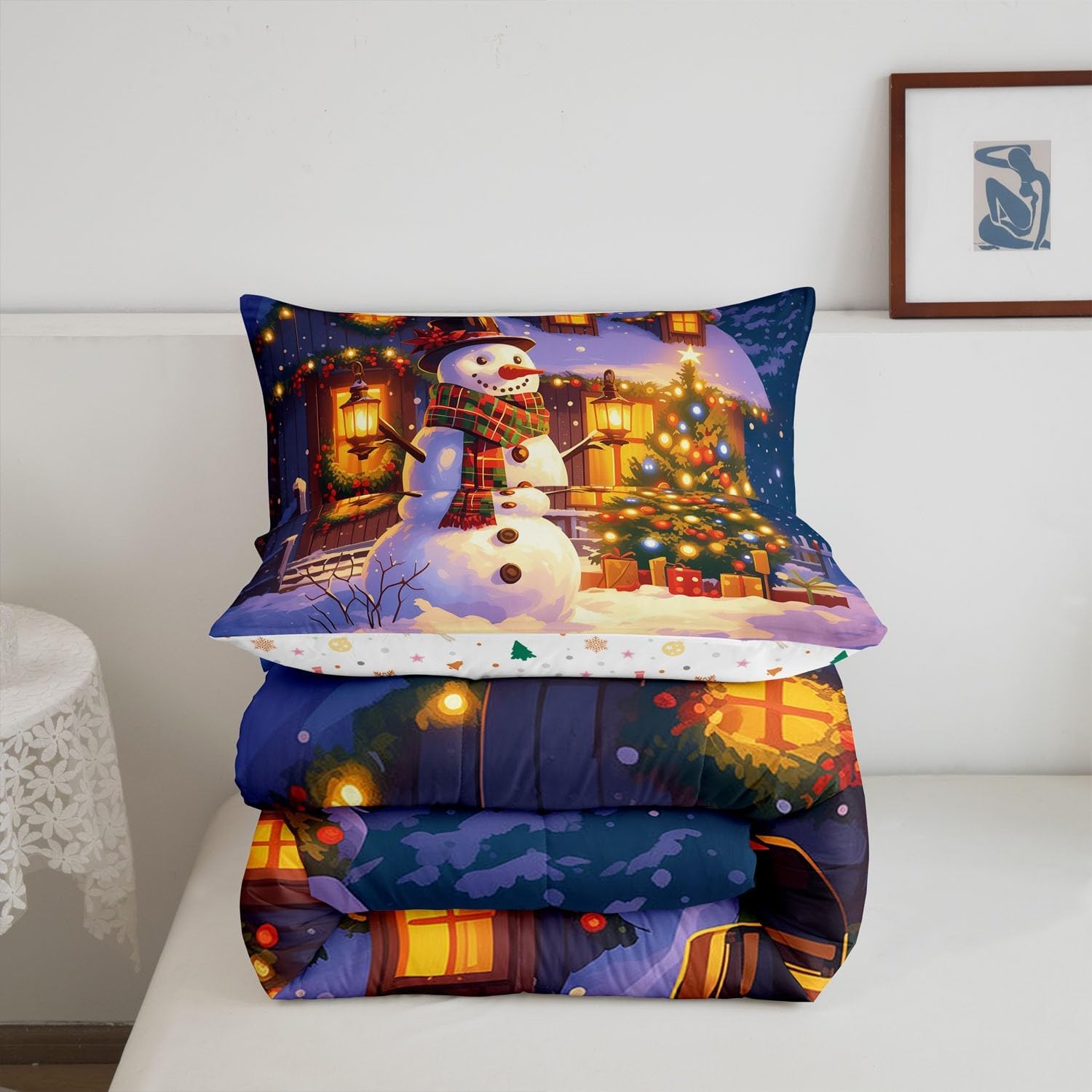 Erosebridal Kids Xmas Snowman Comforter Set Twin Size,Christmas Tree Decoration Bedding Comforter Sets Winter Theme Rustic Cabin Bedding Set,Christmas Wreath Quilt Duvet with 1 Pillow Case
