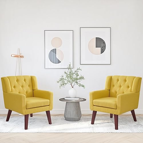 Miniatura 3 de Silla decorativa tapizada con botones, cómoda silla de lectura, silla moderna de mediados de siglo con tela de lino, sillones para sala de estar y