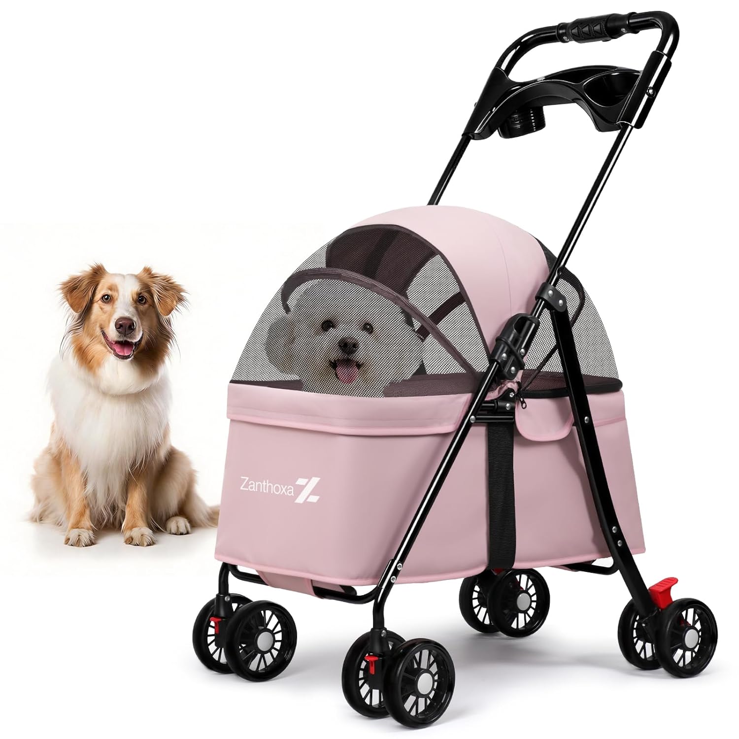 Dog Stroller, 4 Wheels Pet Stroller for Small Dogs & Cats, One-Click Foldable Cat Strollers Up to 33 Ibs with Sun Shades, Cup Holder and Breathable Mesh, Easy Assembly