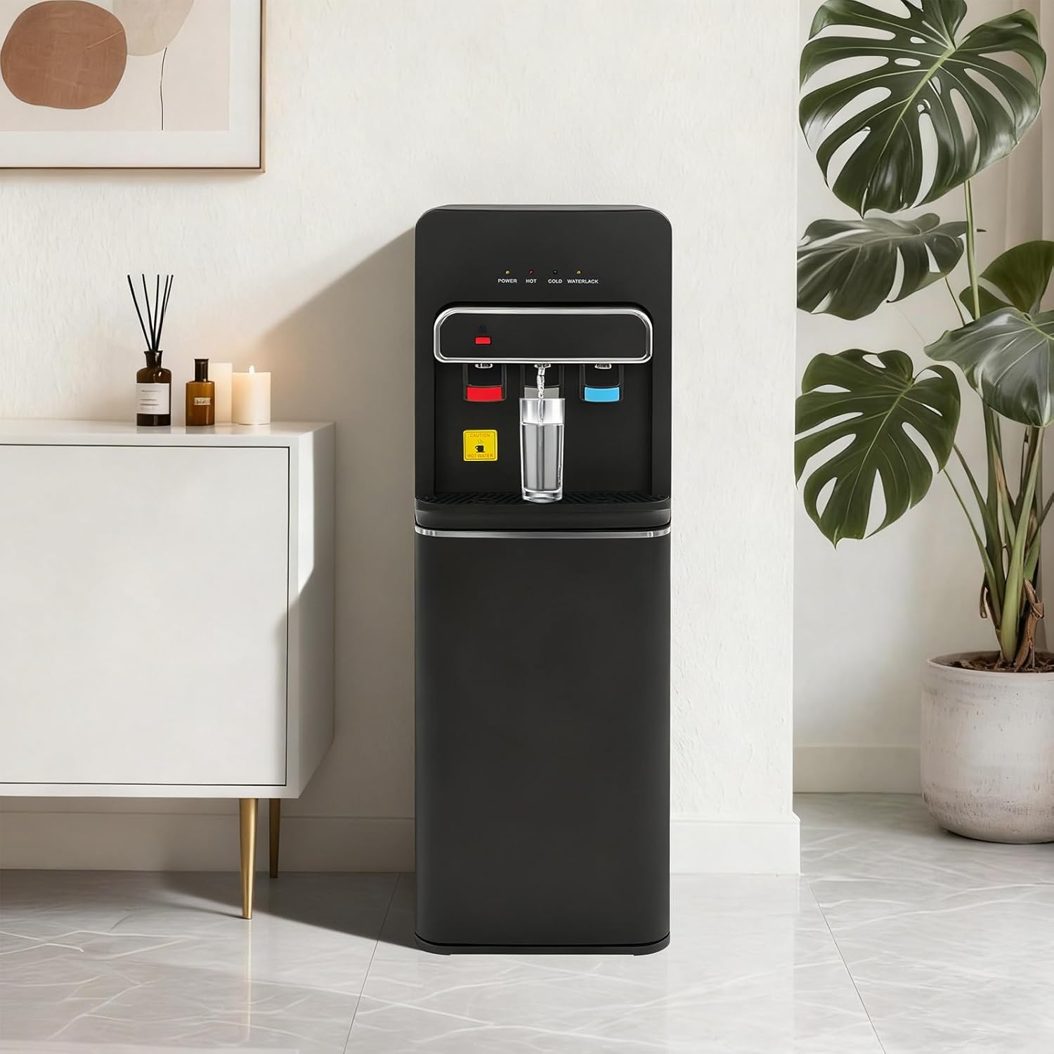 Bottom Loading Water Cooler Dispenser for 5 Gallon Bottles - 3 Temperatures with Hot, Room & Cold Spouts, Child Safety Lock, for Offices, Homes, Gyms, Apartments, Living Rooms, Black