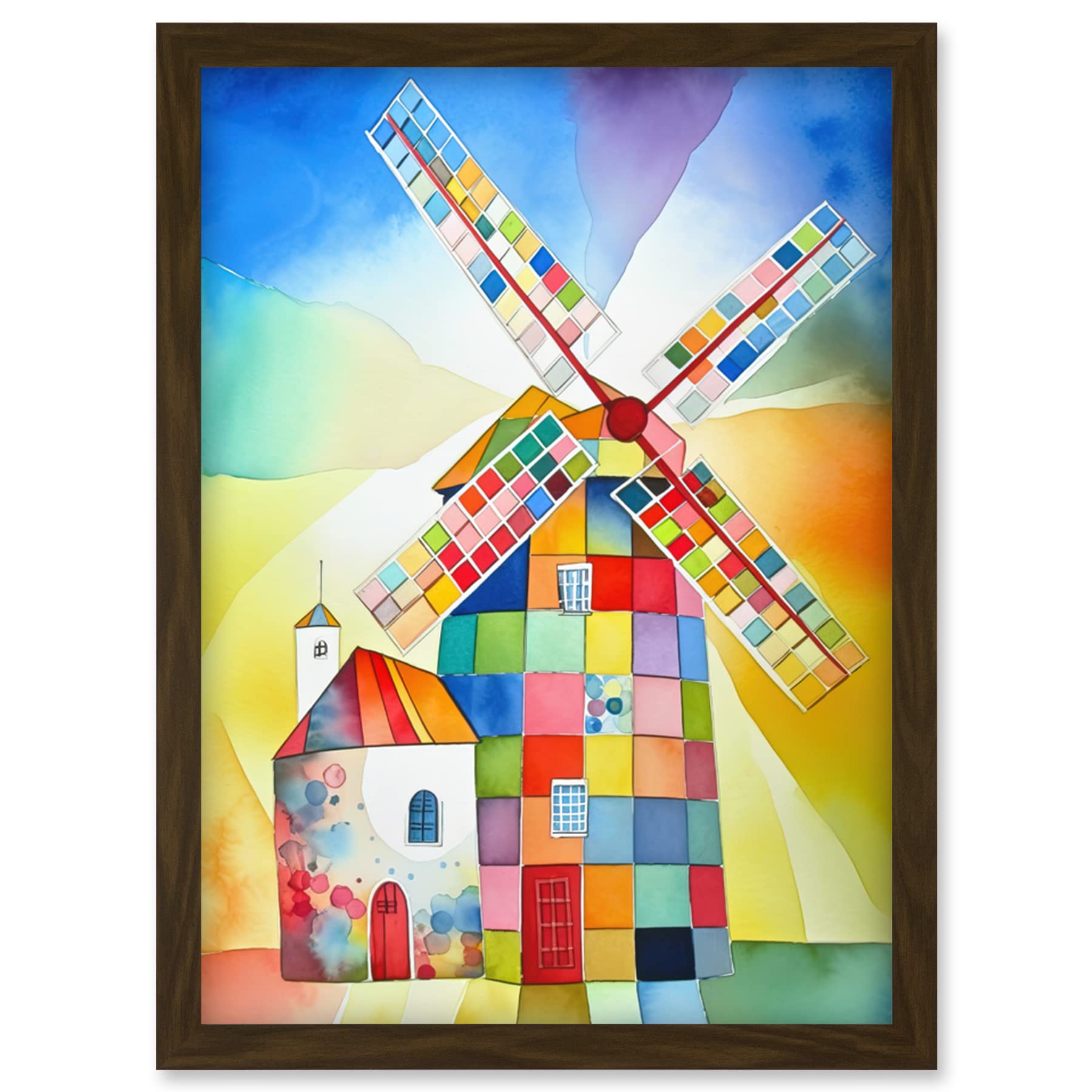 Artery8 Abstract Patchwork Windmill Old Amsterdam Folk Art Artwork Framed Wall Art Print A4