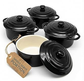 Ceramic Mini Cocotte Set, Small Casserole Dishes with Lids and Handles, Individual Baking Ramekins, Oven, Microwave & Dishwasher Safe, Stoneware, 12 oz, Set of 4 (Black)