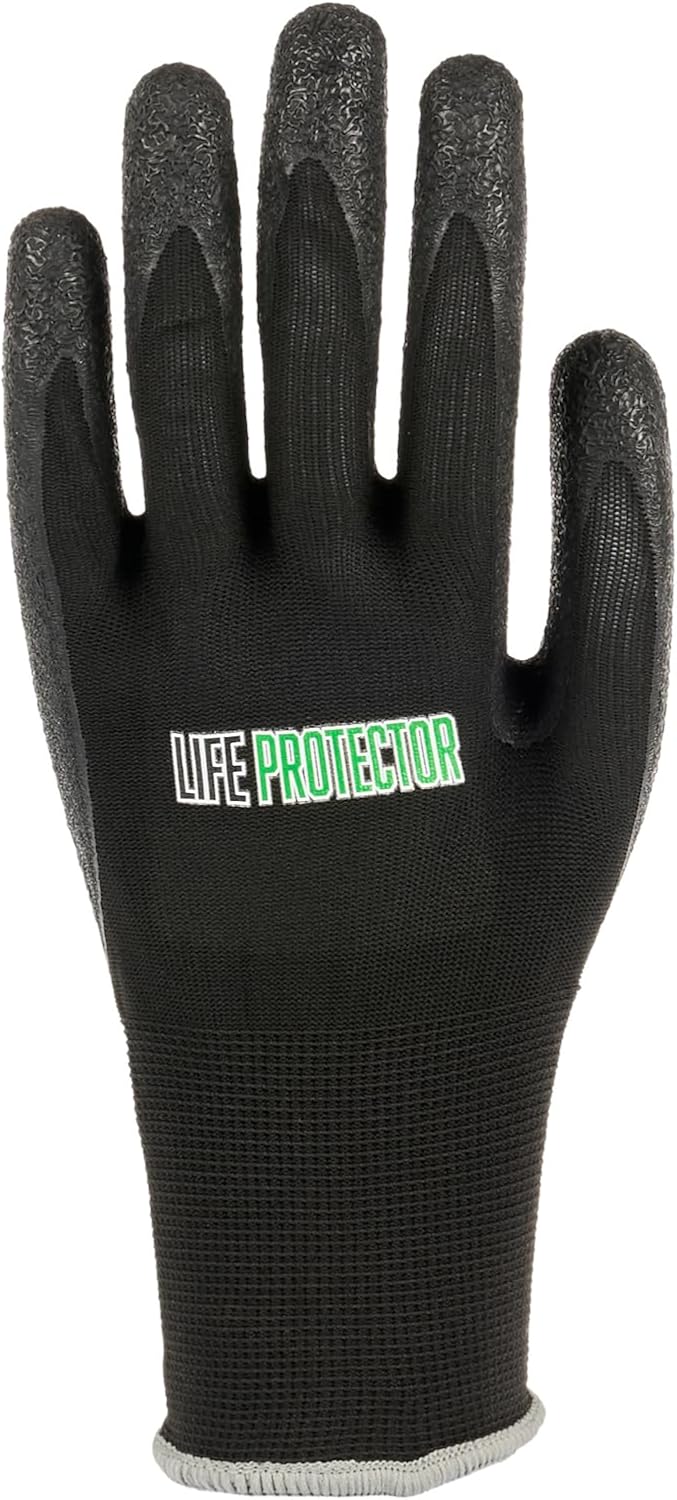 Restaurantware-Life Protector Extra Large Safety Work Gloves, 10 Pairs Of Gloves With Crinkle Latex Coating On Palm And Fingertips - 13-Gauge, Firm Grip, Black Nylon Protective Handwear, Heavy-Duty