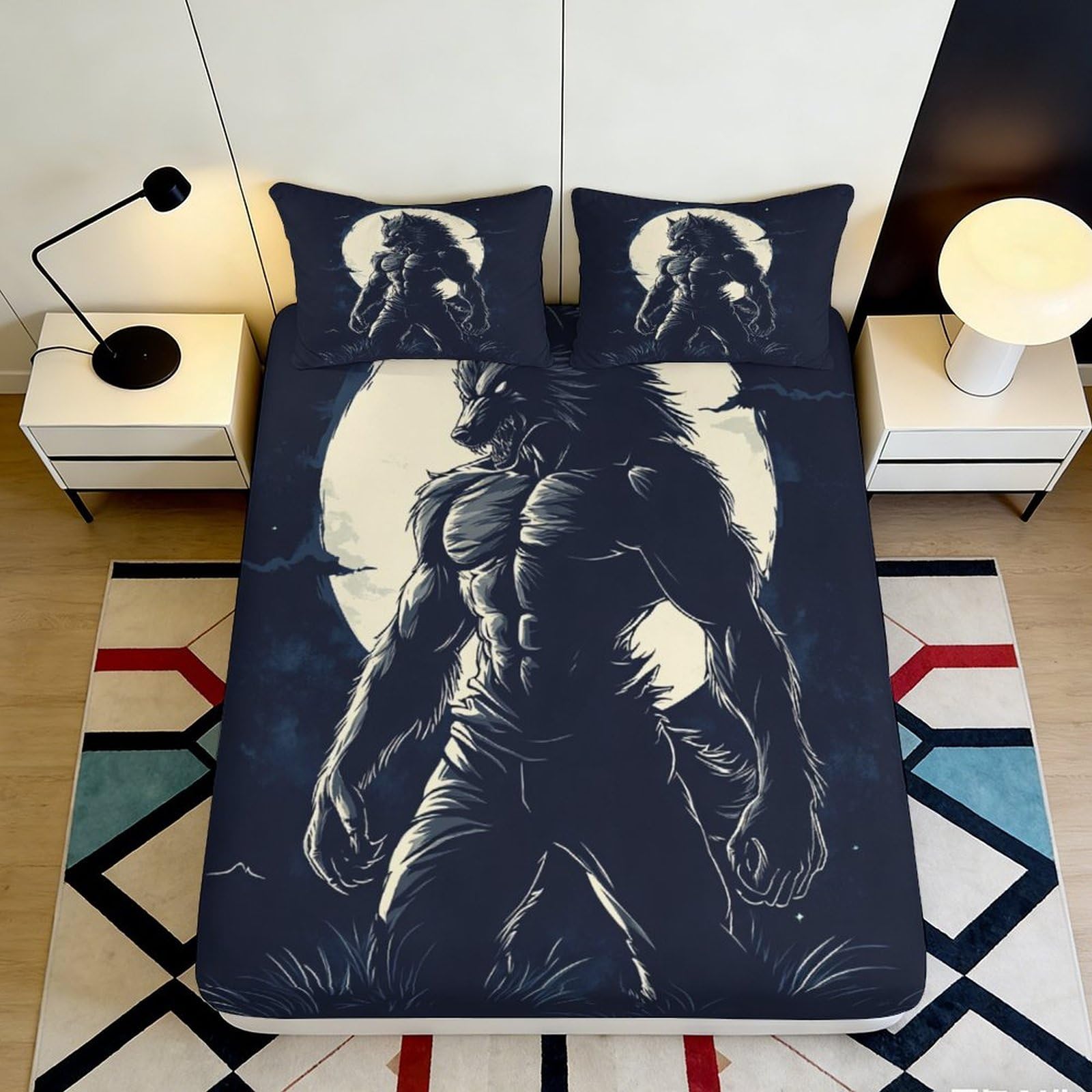 3D Printed Werewolf Moon Fitted Sheet Microfiber Black Gothic Wolf Bed Cover Non-Slip Machine Washable for Bedroom 90x200x25cm