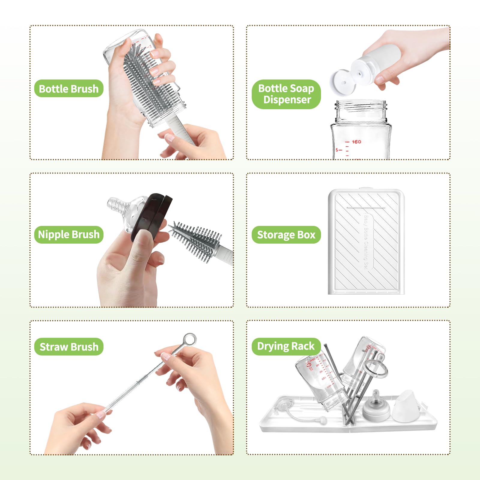 GROWNSY 8-in-1 6-in-1 Portable Baby Bottle Cleaning Kit Includes