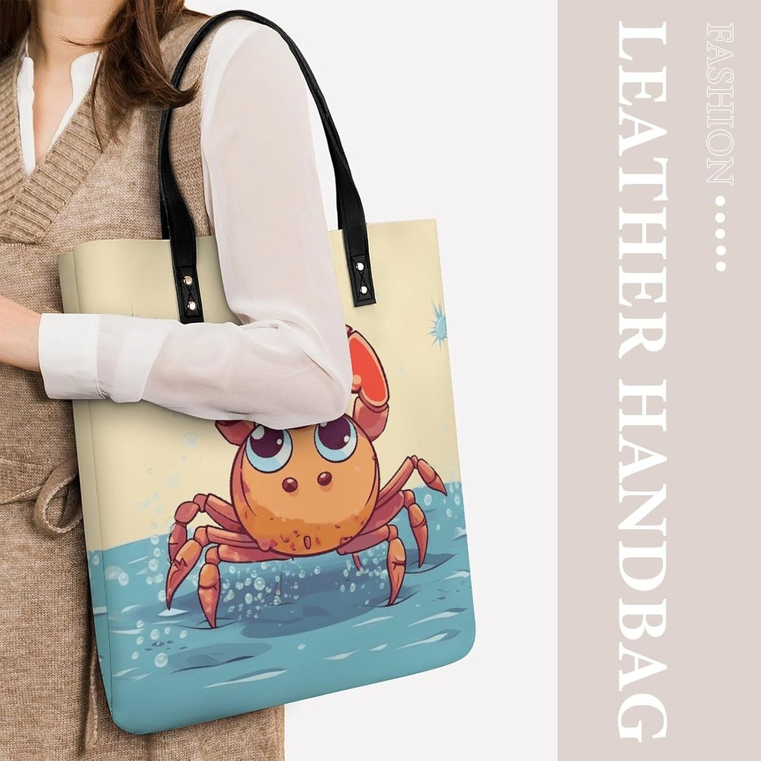 Summer Cartoon Crab Tote Bag with Magnetic Buckle Reusable Grocery Bags Lightweight Cross Body Handbag for Daily Essentials