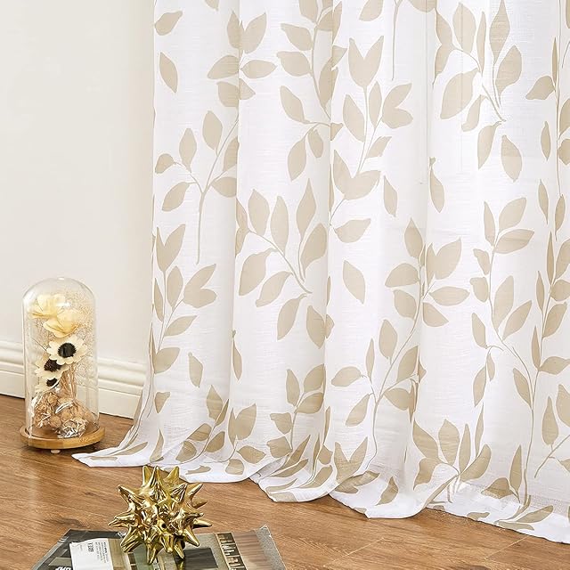 Leaf Print White Sheer Curtains for Living Room Bedroom 54 Inches Drop Taupe Leaves Country Botanical Pattern Eyelet Voile Curtains Light Filtering Linen Textured Semi Sheer Curtain Panels 50 w 2pcs
