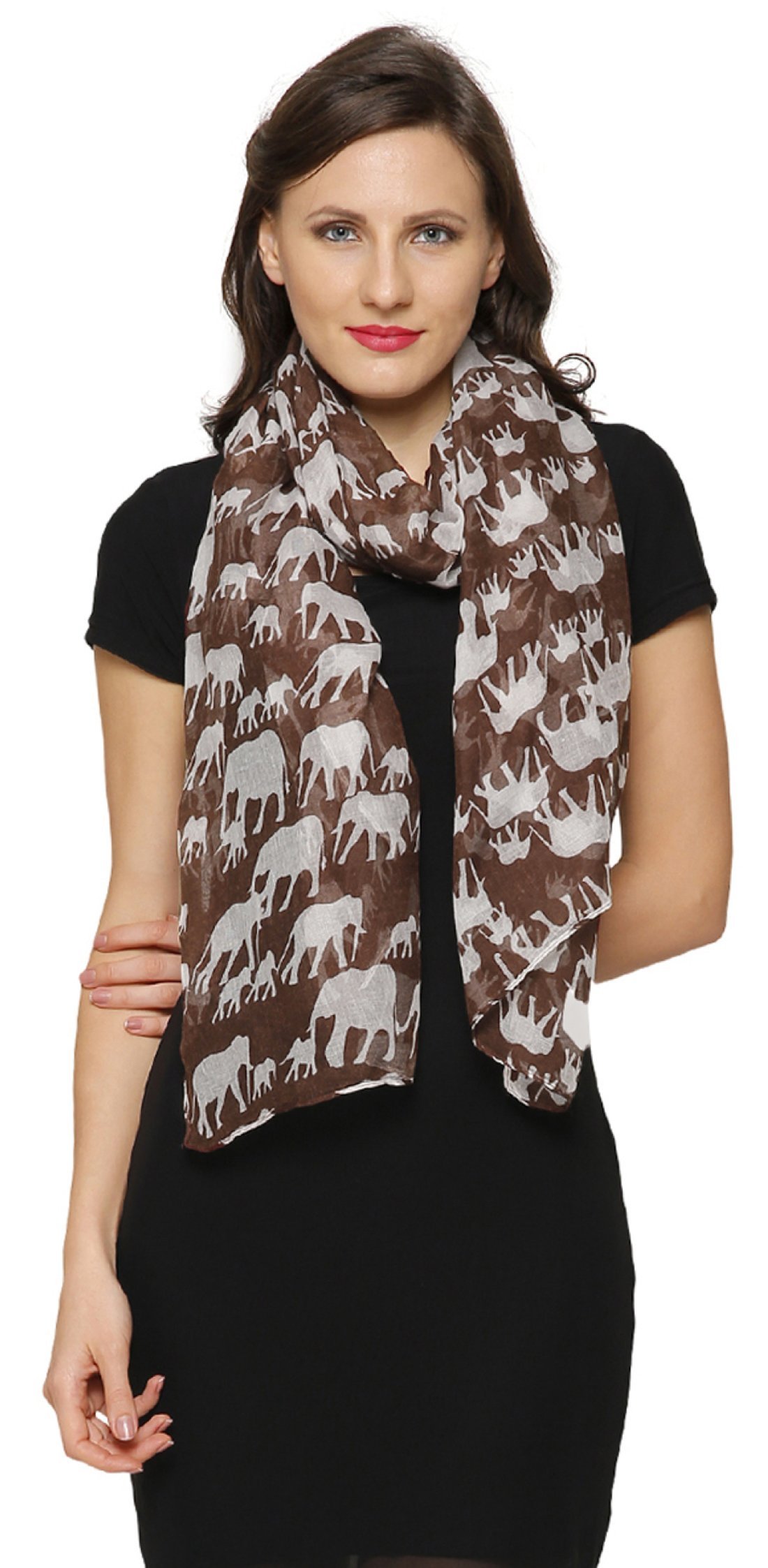 World Of Shawls Women's Big Elephant Brown Colorful Scarf With Elephant Print Wraps Shawl Soft Scarves Sarong (Big Elephant Brown)