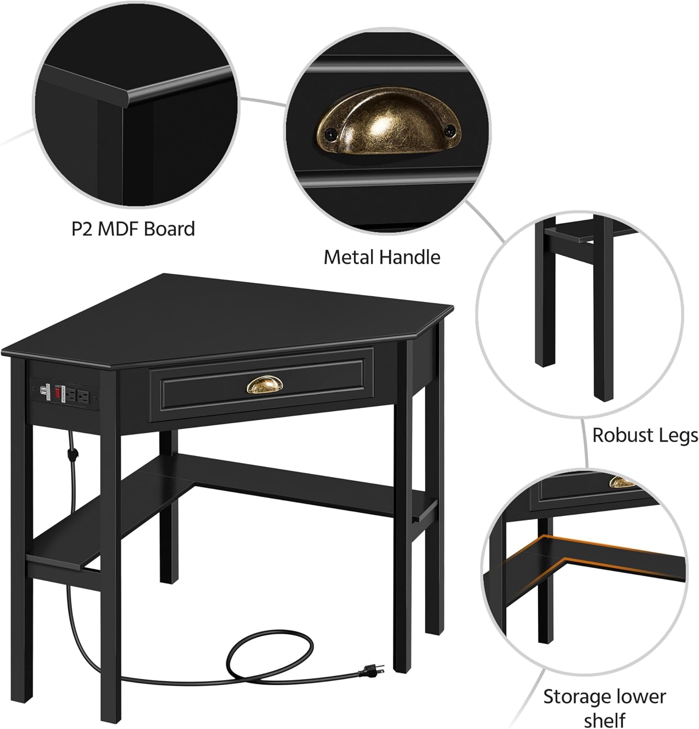 Yaheetech Home Office Furniture Set, L Shaped Computer Corner Desk with Outlets for Small Space, PU Leather Adjustable Chair Low Back Ribbed Armless Swivel Black Desk Chair Set