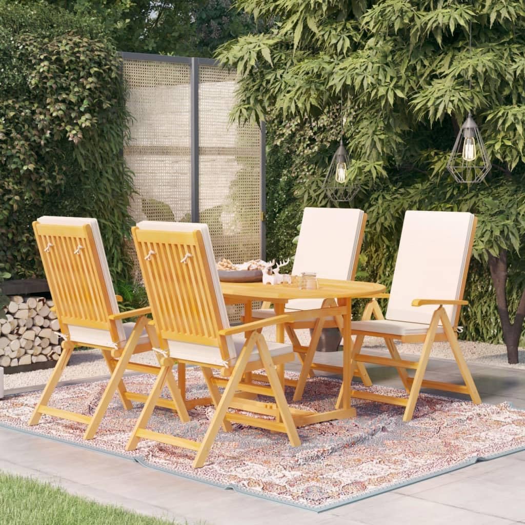 Juego de mesa y 4 sillas de madera maciza de teca, 150 x 90 cm, con cojines blancos cremosos, respaldos ajustables plegables para terraza y balcón