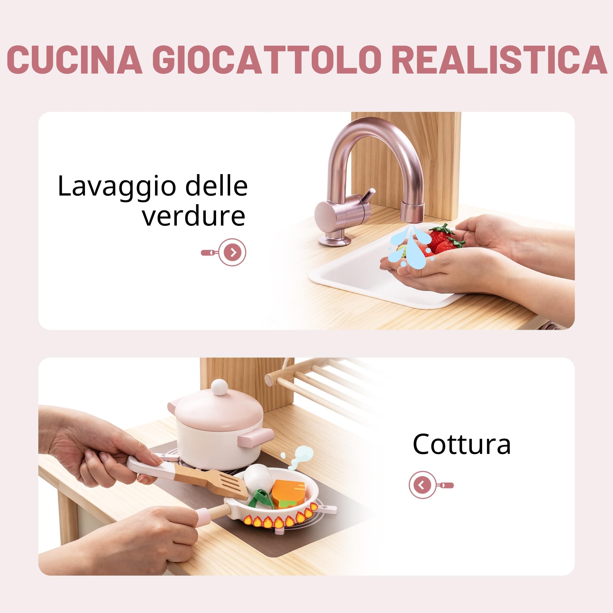ROBUD Cucina in legno per bambini e bambine dai 3 anni in su, gioco di ruolo, set di accessori da cucina, rosa, grande