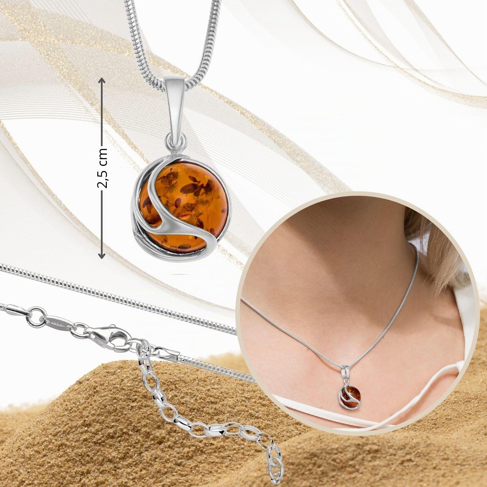Collana Con Pendente In Ambra E Argento Sterling Confezione Sostenibile