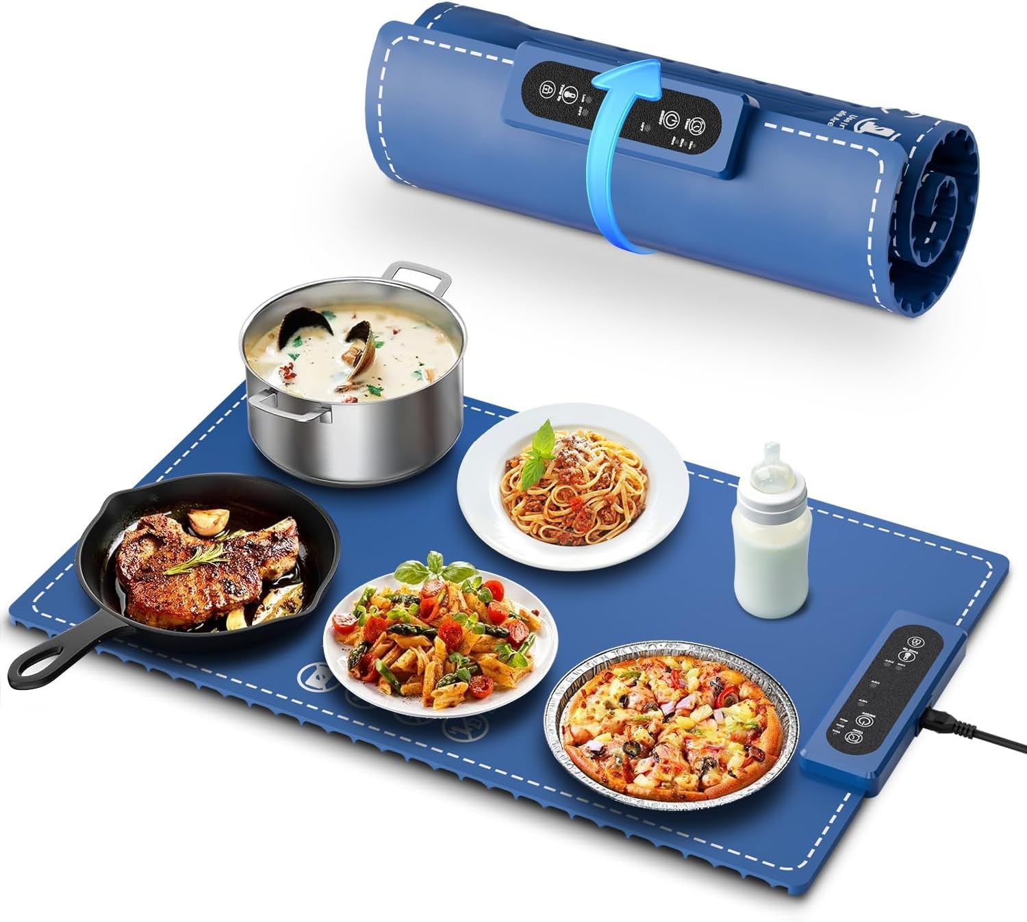 Xisiciao Electric Warming Tray, Food Warming Mat with 3 Temperature Settings, Roll Up Portable Electric Warming Tray for Parties, Buffets Party, Travel, Daily Lives ﻿ (Blue)