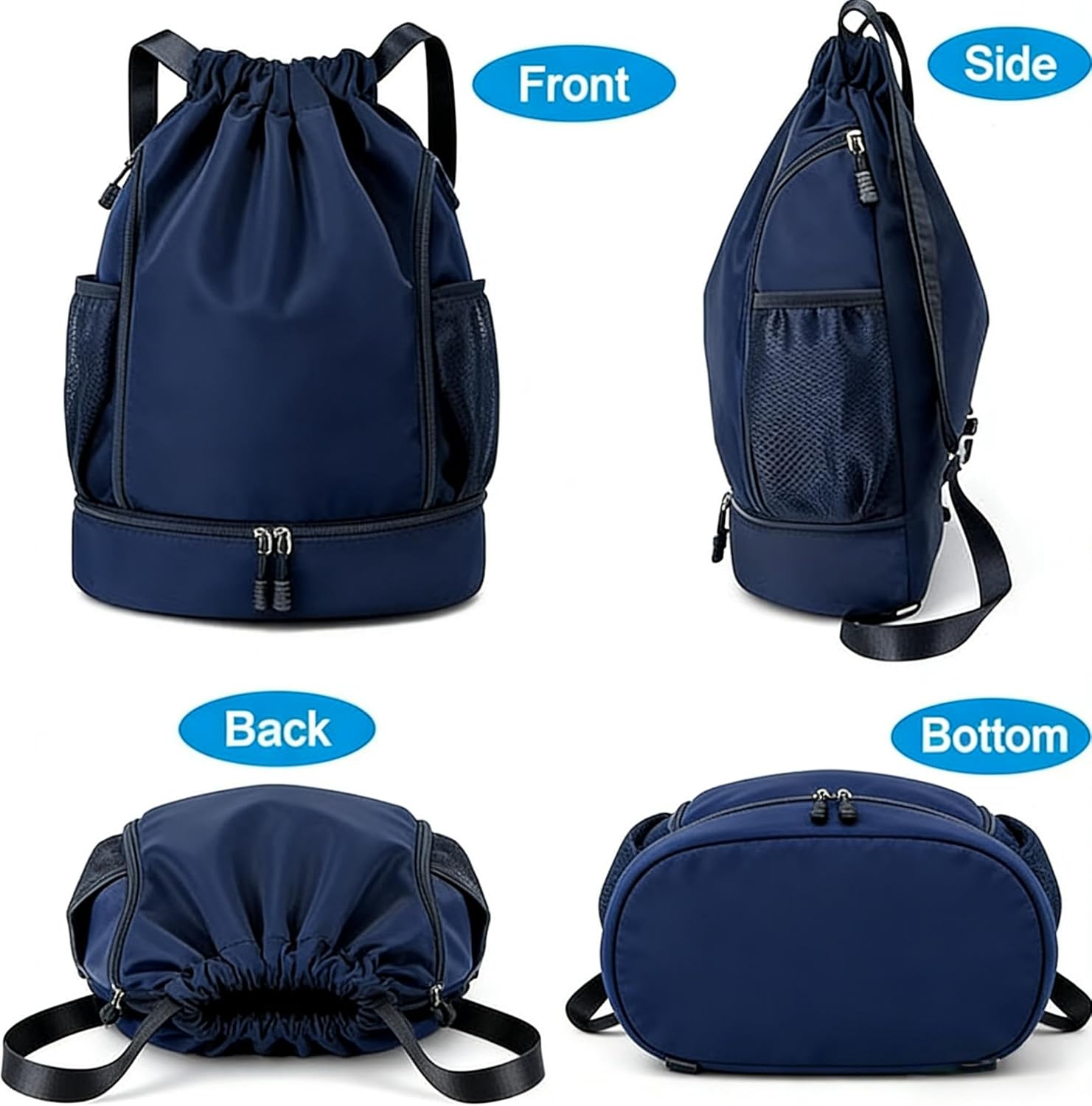 Drawstring Sports Backpack with Shoe Compartment, Nylon Gym Bag, Lightweight Foldable Sackpack for Swimming, Yoga (Deep Blue)