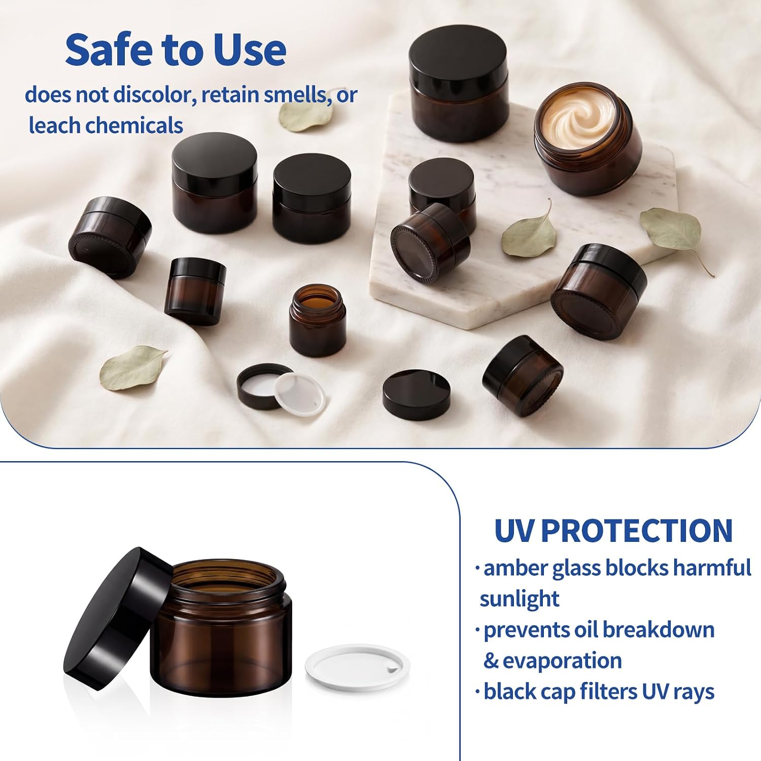 60Pcs Amber Glass Jars Bulk Set with Inner Liners & Screw Lids, Cosmetic Refillable Containers Travel Sample Vial with UV Protection for Homemade Balms Lotions Salve Ointment Body Scrub (15g)