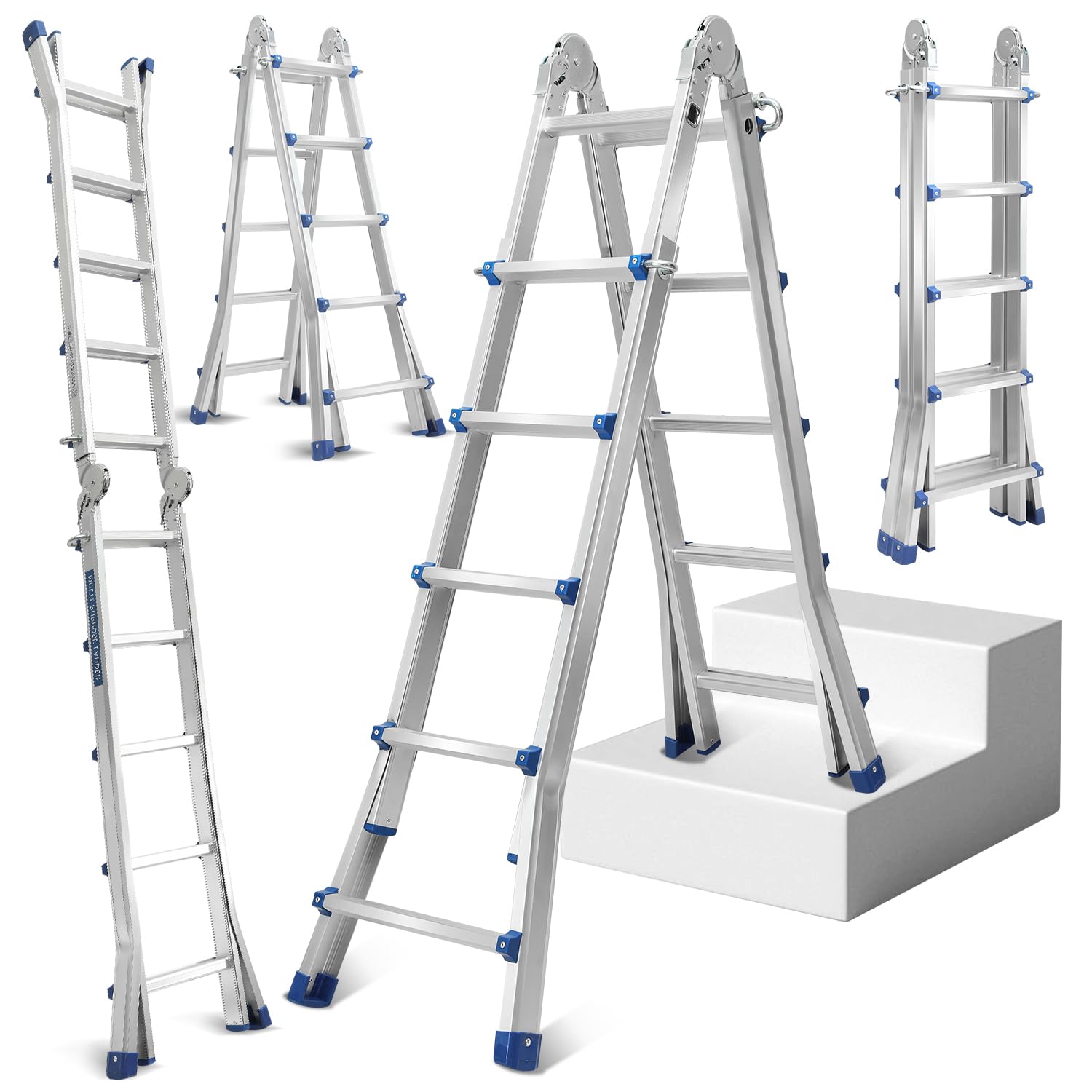 Aluminiowa drabina wielofunkcyjna, drabina teleskopowa 513 cm, szczeble 4 x 5, 4 w 1, obciążenie 150 kg, drabina przesuwna, dwustronna drabina stojąca i schodowa