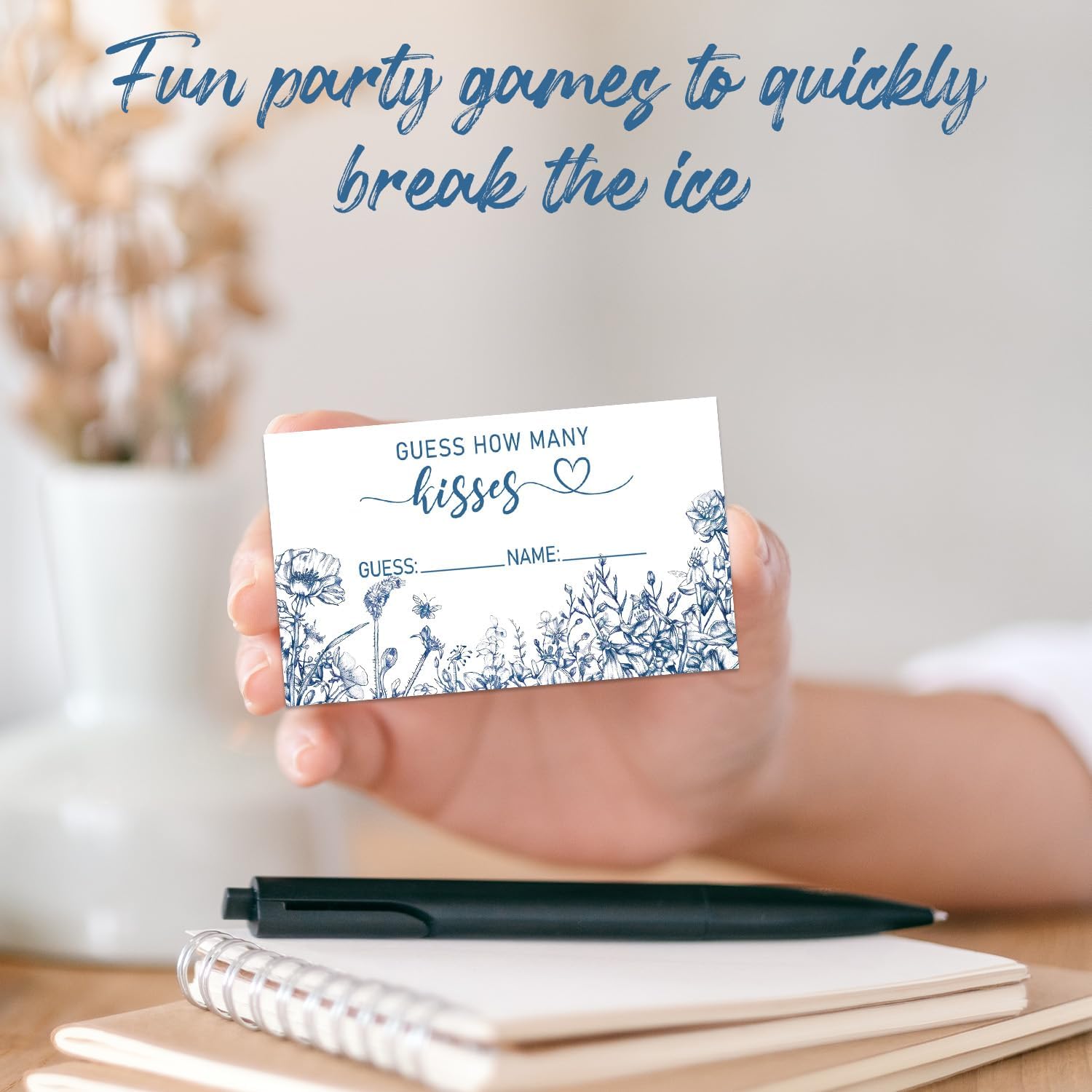 Blue Floral Bridal Shower Games, Guess How Many Kisses Bridal Shower Game, 50 Cards and 1 Sign - Something Blue Before I Do Bachelorette Wedding Shower Party Games & Activities -lika006