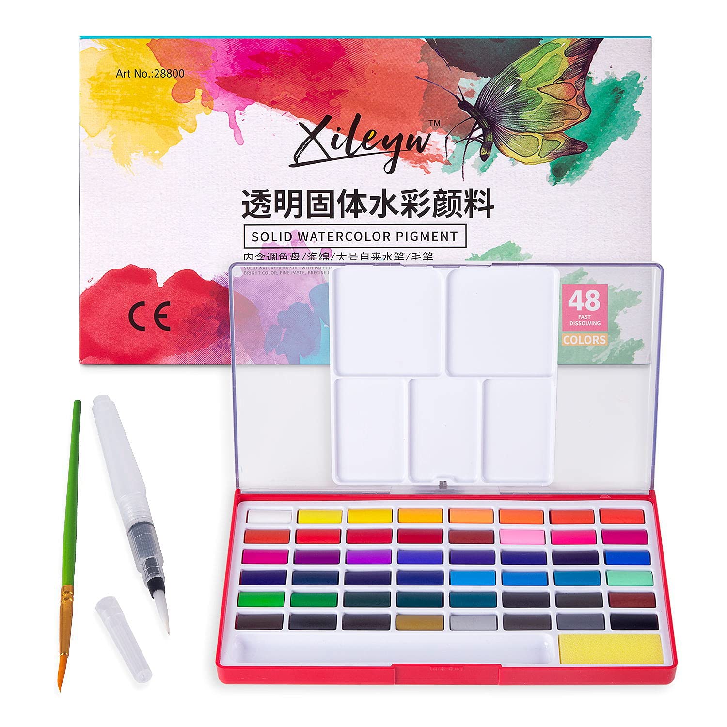 Juego de pintura de acuarela, 48 colores surtidos de alta calidad en caja con pincel de agua y esponja, perfecto para artistas, niños, principiantes, artistas, pintura, bocetos e ilustración