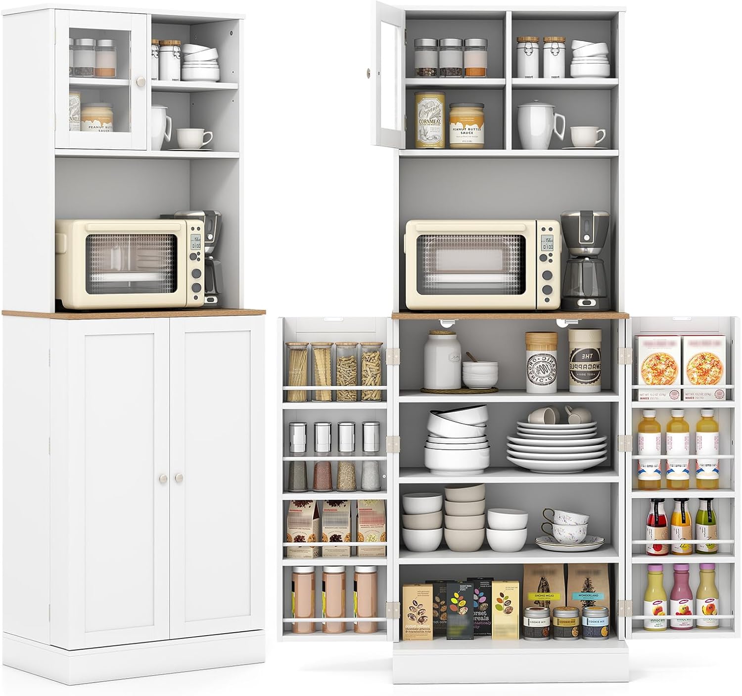 Giantex Kitchen Hutch Cabinet, 67" Tall Pantry Cabinet with Microwave Countertop, 8 Door Shelves & 5 Adjustable Shelves, Freestanding Cupboard with Glass Door for Living Room, Dining Room, White