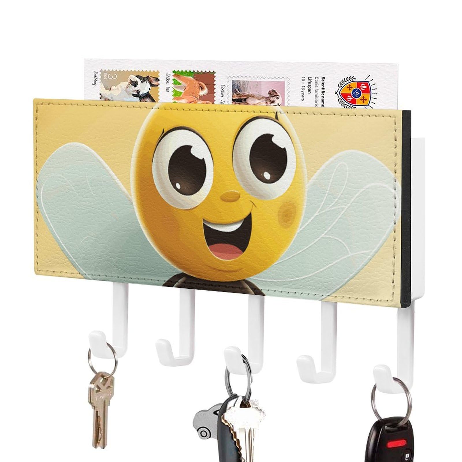 JTREHY Cartoon Bee Holder Wall-Mounted Key and Mail Holder,Key Rack with 5Keys Hooks, Easy to Install Mail Organizer for Entryway, Front Door, Hallway, Office