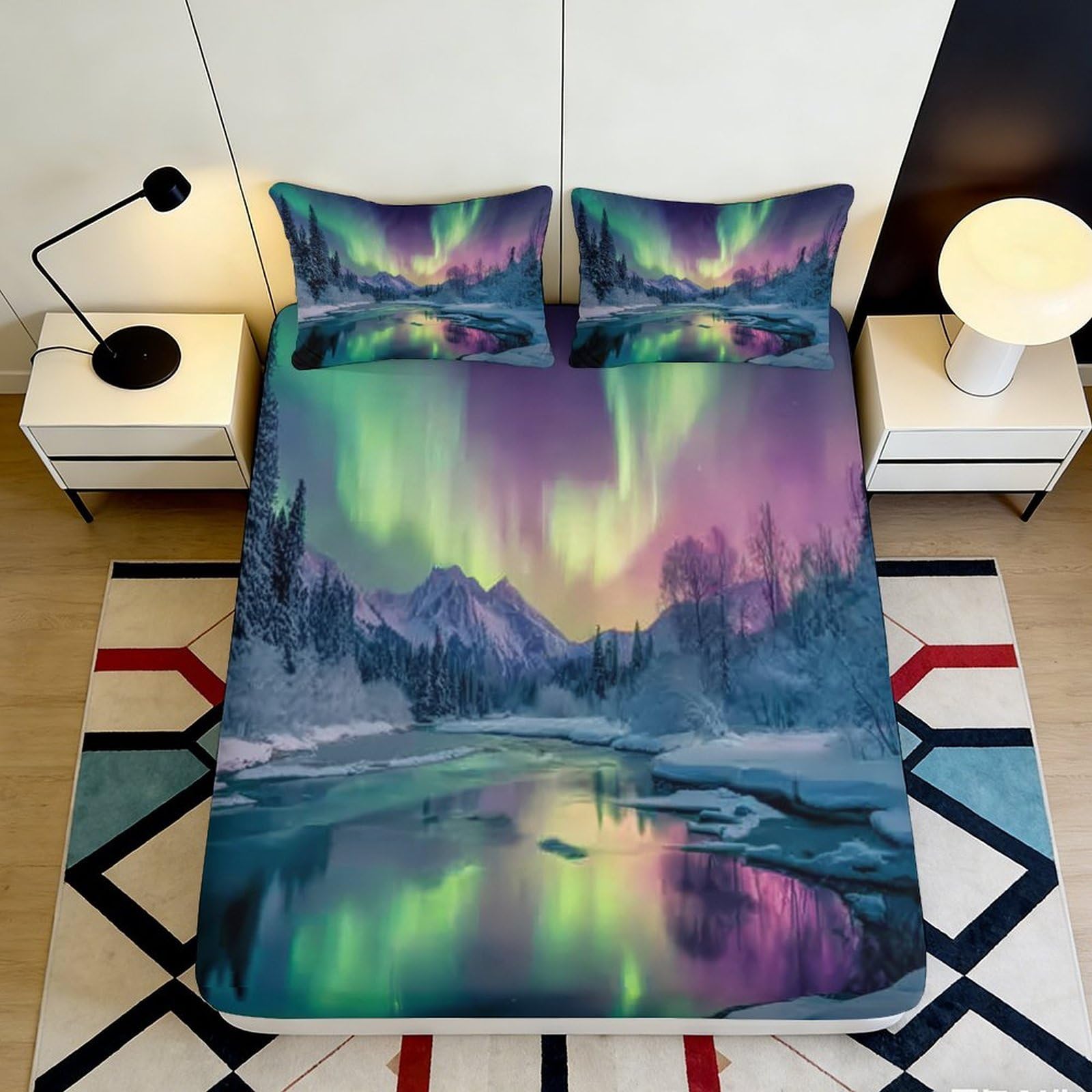Jqzkxnhpbr Style-3 3D Printed Aurora Borealis Fitted Sheet Microfiber Soft Nordic Mountains Mattress Cover For Bedroom Dorm Decor 90X200x25cm