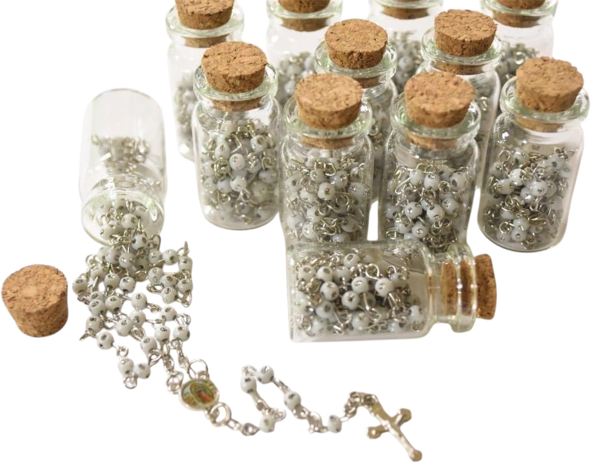 YRP 12 X Rosary Bottle Baptism Communion RECUERDOS DE BAUTIZO Lady GUADELUPE White/Silver