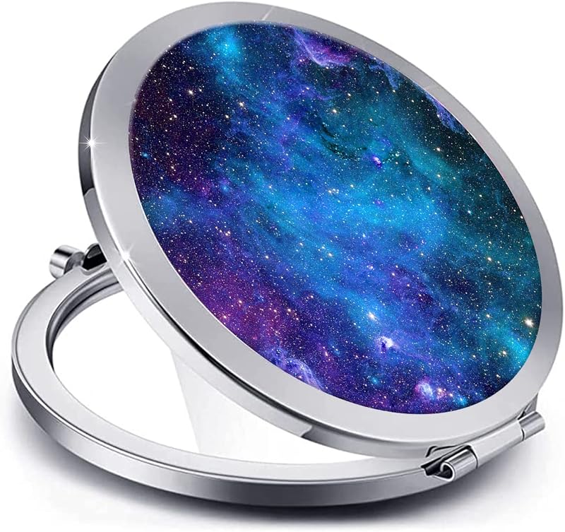Espelho compacto redondo dobrável LONNAONE com dois lados, Silver Starry Sky