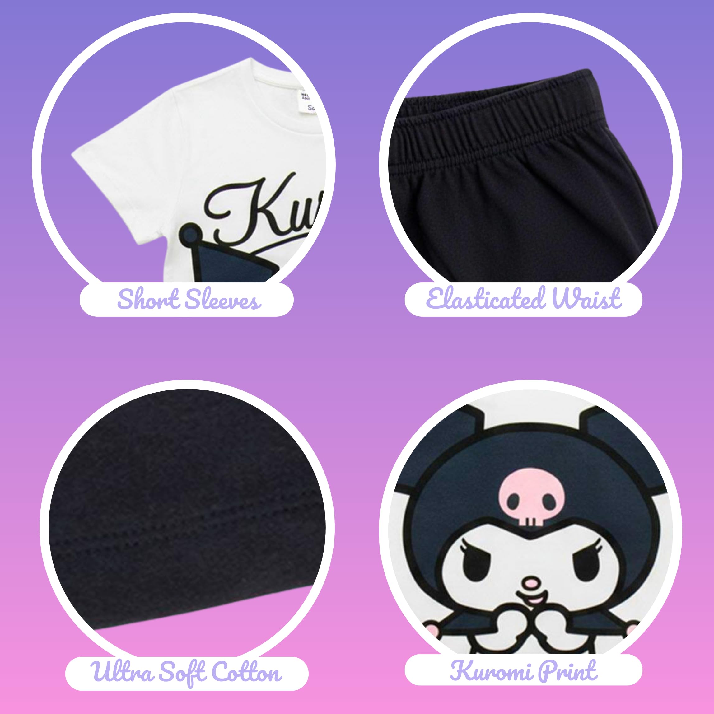 Hello Kitty Kuromi Camiseta y Pantalon para Niña, Conjunto 2 Piezas Camiseta Manga Corta y Pantalon Corto, Tallas 4 a 10 Años