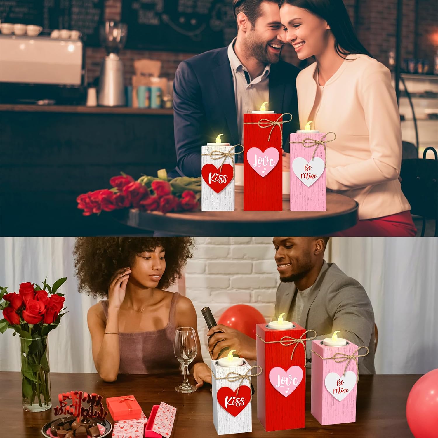 Valentine's Day Votive Candle Holders Set of 3 Wooden Tea Light Holders with Battery Operated LED Ideal for Tabletop Decorations & Centerpieces Romantic Elegant Design for Festive Ambiance