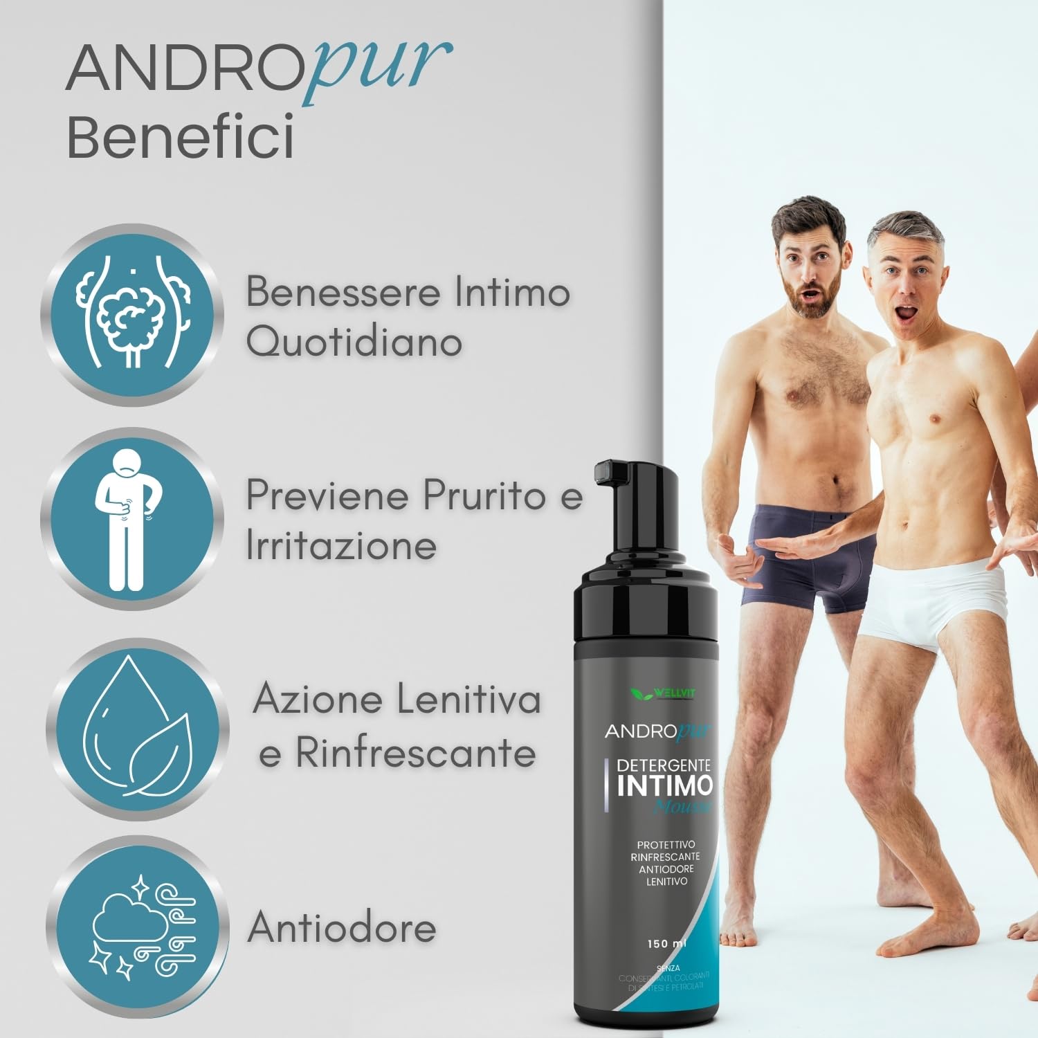 ANDROPUR - Pregiato Sapone Intimo Uomo a pH Neutro in Rinfrescante Schiuma Mousse, Detergente Igiene Intima Uomo Antibatterico Protettivo, Ingredienti Naturali e Antiodore, Made in Italy(150ml)