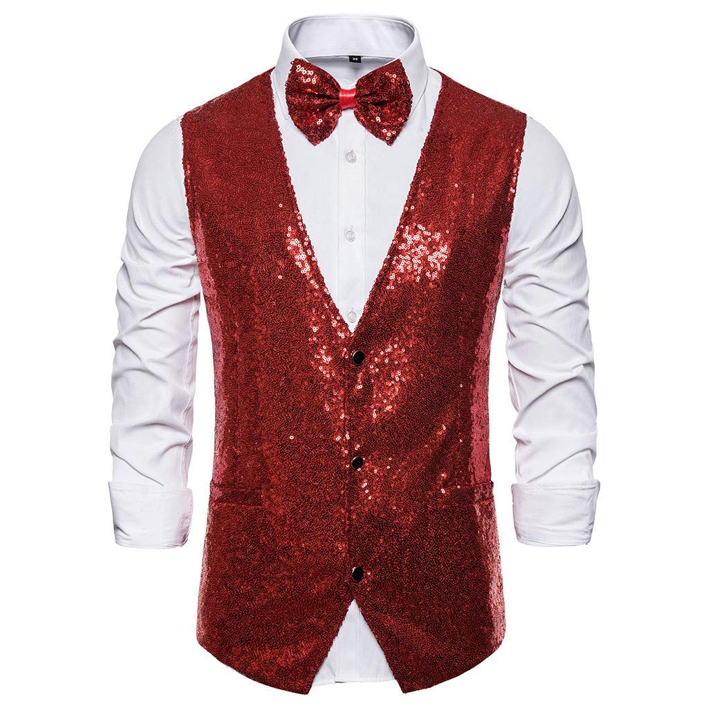 Men's Sparkly Sequin Waistcoat Set with Bow Tie, Ideal for Stage Shows, Hosting & Studio Photography, Sizes S, M, L, XL, XXL, XXXL