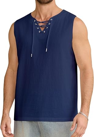 Men's Tank Top Shirts Casual Lace Up Beach Hippie Tops Retro Bohemian Renaissance Pirate Viking Medieval Shirt