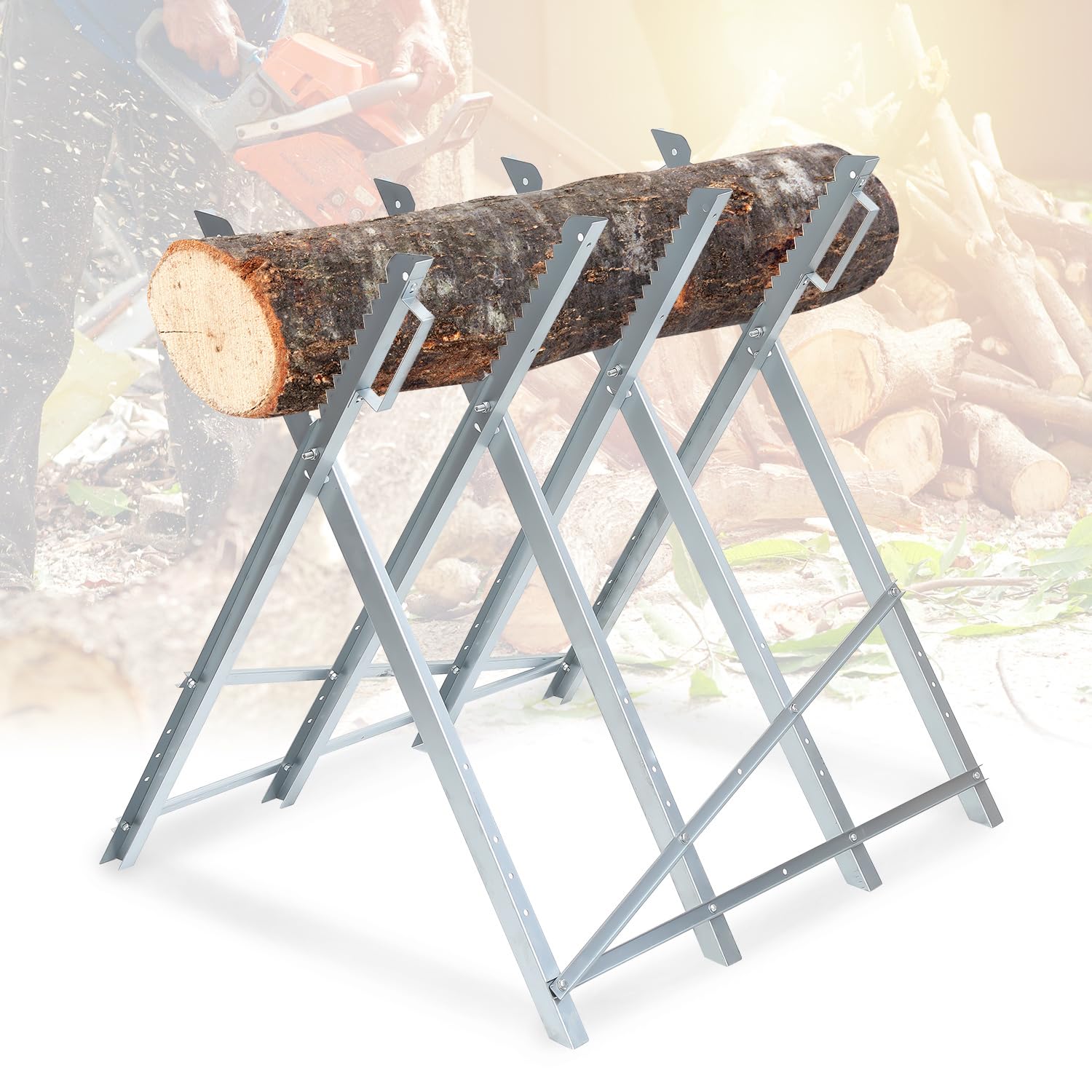 Chevalet de sciage pour tronçonneuse, charge jusqu'à 150 kg, robuste et pliable, peu encombrant, tôle galvanisée pour résistance à l'humidité et à la corrosion, 81 x 80 x 80 cm